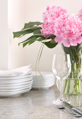place setting & white dishes, peonies - home  entertaining