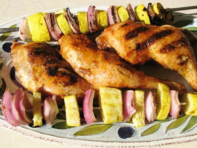 BBQ Chicken with squash and corn skewers