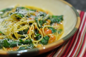Quinoa Pasta with Spinach and Tomatoes from January 2011 Bon Appetite