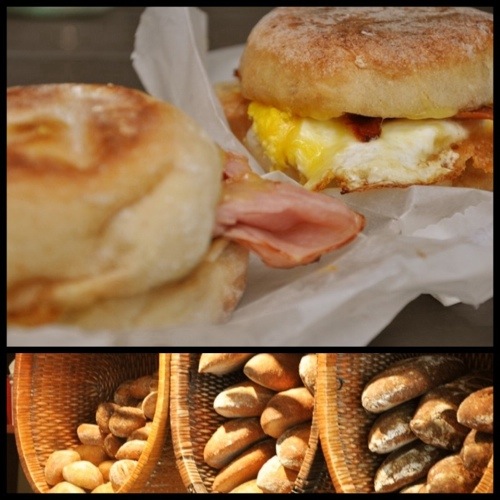 Egg sandwiches and bread baskets at Dahlia Bakery in Seattle, WA