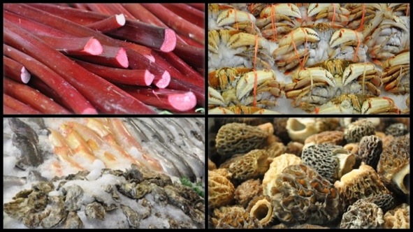 rhubarb, morel mushrooms, oysters, and fish at Pike Place Market in Seattle, WA.