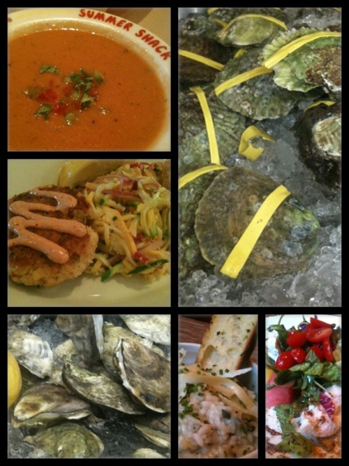 Collage of food images from Boston, MA: oysters, gazpacho, crab cakes, risotto, tomatoes